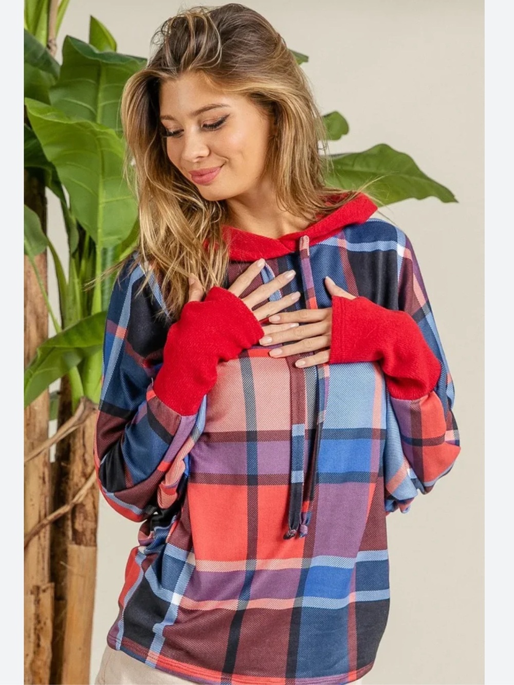 New BiBi Plaid Mirr Brushed Hoodie